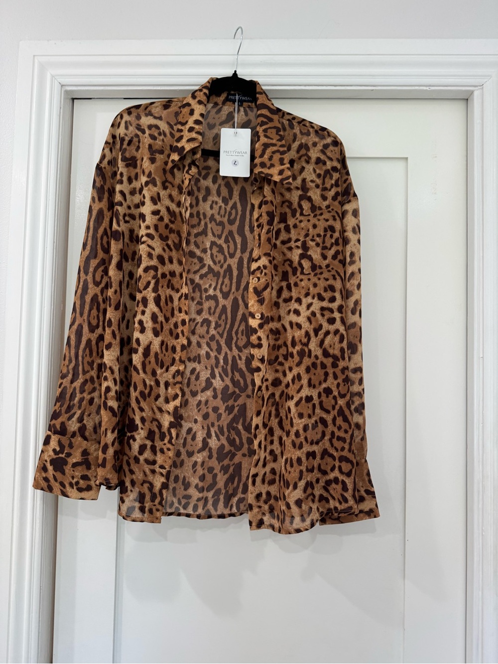 PrettyLittleThing Brown Leopard Print Sheer Button-Down Shirt